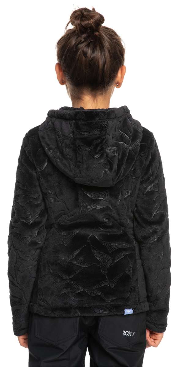 Roxy Junior's Igloo Full Zip Fleece 2024 - A black fleece jacket with a zippered front and hood, featuring a subtle pattern of small white snowflakes on the back.