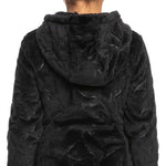 Roxy Junior's Igloo Full Zip Fleece 2024 - A black fleece jacket with a zippered front and hood, featuring a subtle pattern of small white snowflakes on the back.