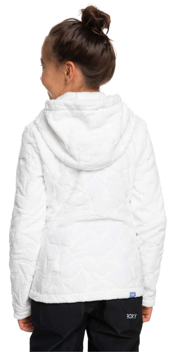 Roxy Junior's Igloo Full Zip Fleece 2024 - A white fleece zip-up hoodie with a kangaroo pocket and drawstring hood.