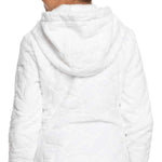 Roxy Junior's Igloo Full Zip Fleece 2024 - A white fleece zip-up hoodie with a kangaroo pocket and drawstring hood.