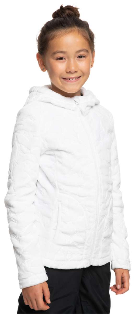 Roxy Junior's Igloo Full Zip Fleece - A white fleece jacket with a zippered front and two pockets on either side, worn by a young girl with her hair in a bun.