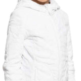 Roxy Junior's Igloo Full Zip Fleece - A white fleece jacket with a zippered front and two pockets on either side, worn by a young girl with her hair in a bun.