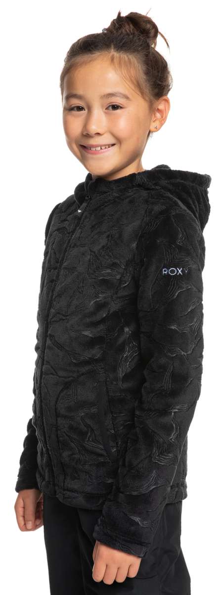 Roxy Junior's Igloo Full Zip Fleece - A black fleece jacket with a hood, featuring a zippered front and a small white logo on the left sleeve.
