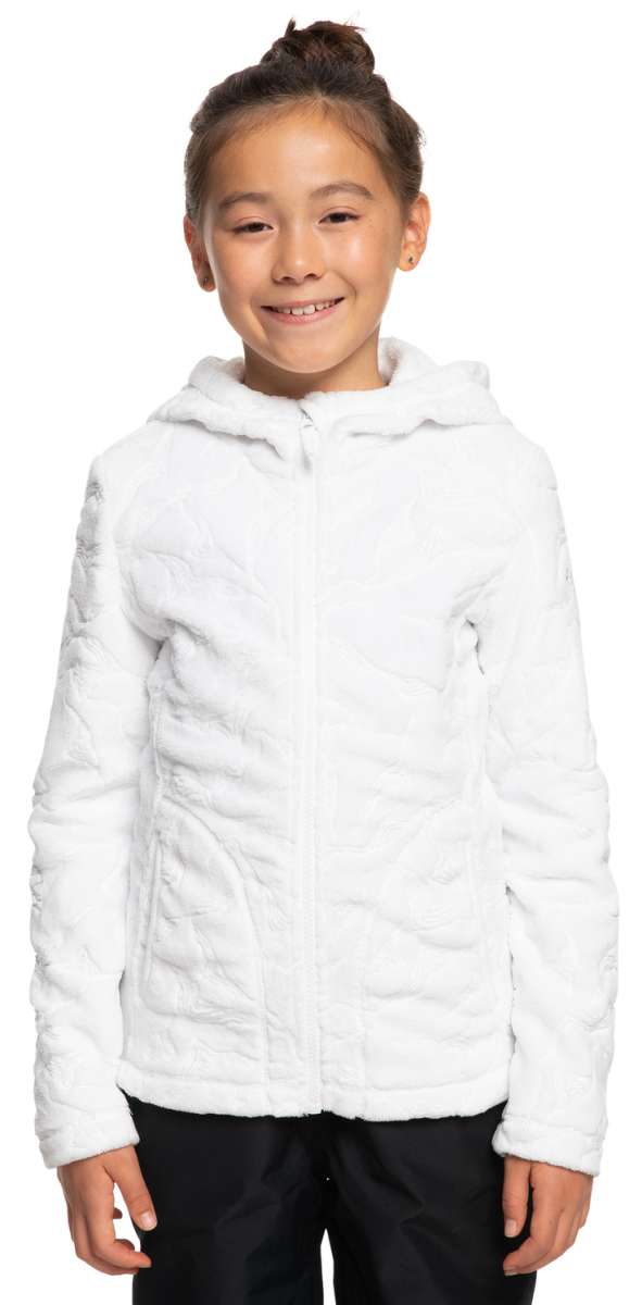 Roxy Junior's Igloo Full Zip Fleece - A white fleece jacket with a zippered front and hood, featuring a small embroidered logo on the left chest area.