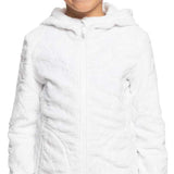 Roxy Junior's Igloo Full Zip Fleece - A white fleece jacket with a zippered front and hood, featuring a small embroidered logo on the left chest area.
