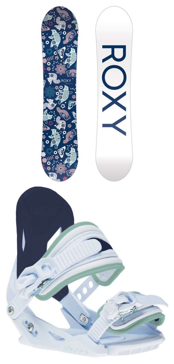 Roxy Junior's Poppy Snowboard Package 2024 - A blue snowboard with a pattern of white animals and flowers, including a pink fox, on a dark background.
