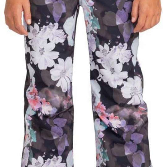 Roxy Junior's Backyard Insulated Print Pant 2024 - Black snow pants with a floral pattern of white, pink, and purple flowers.