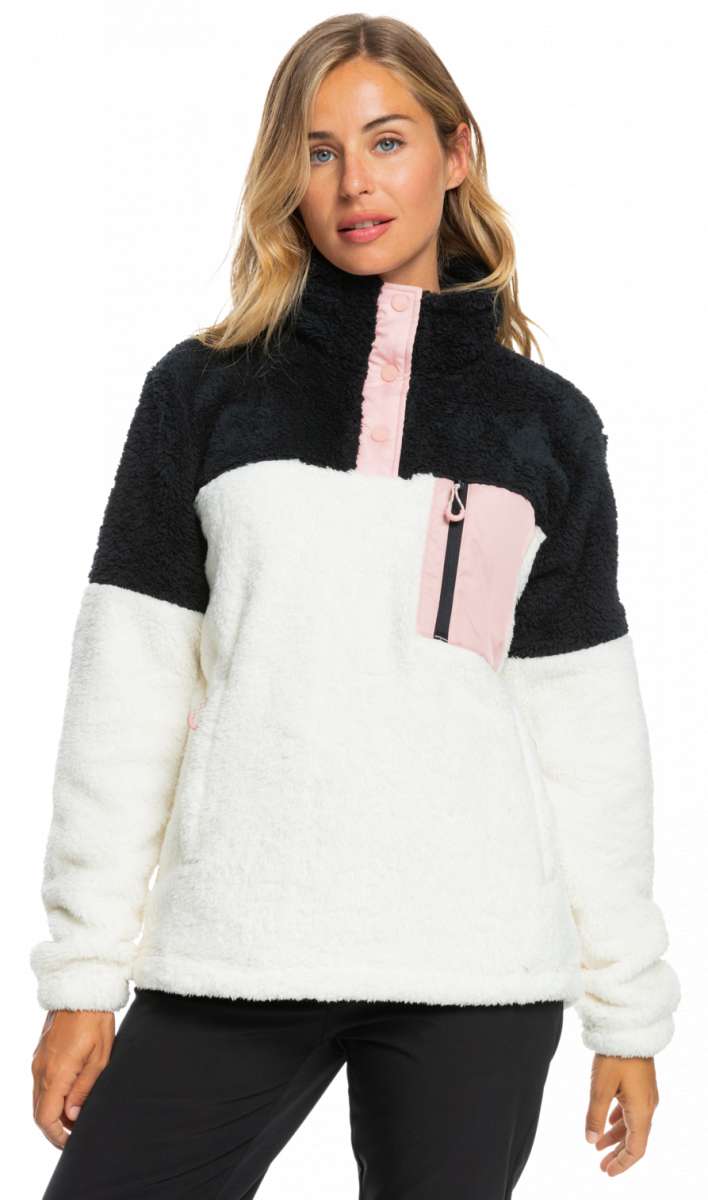 Roxy Women's Alabama 1/4 Zip Fleece 2023 - A black and white fleece jacket with a quarter zip fastening, featuring a pink zipper pull and two pockets on the front.