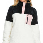 Roxy Women's Alabama 1/4 Zip Fleece 2023 - A black and white fleece jacket with a quarter zip fastening, featuring a pink zipper pull and two pockets on the front.