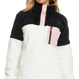 Roxy Women's Alabama 1/4 Zip Fleece 2023 - A black and white fleece jacket with a quarter zip fastening, featuring a pink zipper pull and two pockets on the front.