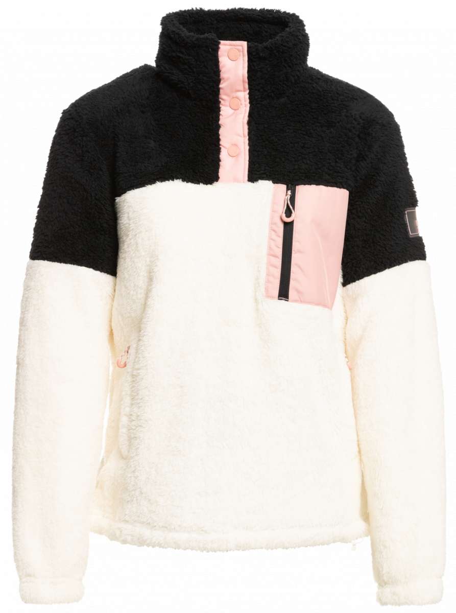 Roxy Women's Alabama 1/4 Zip Fleece 2023 - A black and white fleece jacket with a quarter zip fastening, featuring pink buttons on the front.
