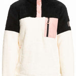 Roxy Women's Alabama 1/4 Zip Fleece 2023 - A black and white fleece jacket with a quarter zip fastening, featuring pink buttons on the front.