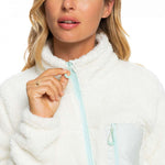 Roxy Women's Alabama Full Zip Jacket 2023 - A white fleece jacket with a zippered front and two pockets on either side, worn by a model against a light gray background.
