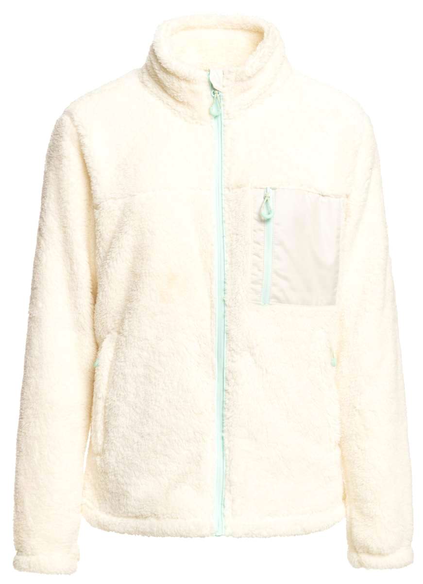 Roxy Women's Alabama Full Zip Jacket 2023 - A cream-colored, fuzzy zip-up jacket with a high collar and two front pockets.