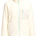 Roxy Women's Alabama Full Zip Jacket 2023 - A cream-colored, fuzzy zip-up jacket with a high collar and two front pockets.