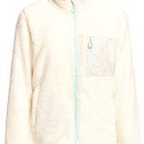 Roxy Women's Alabama Full Zip Jacket 2023 - A cream-colored, fuzzy zip-up jacket with a high collar and two front pockets.