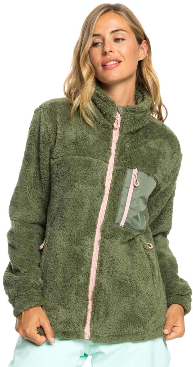 Roxy Women's Alabama Full Zip Jacket 2023 - A green fleece jacket with a zippered front and two pockets on either side.