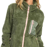Roxy Women's Alabama Full Zip Jacket 2023 - A green fleece jacket with a zippered front and two pockets on either side.