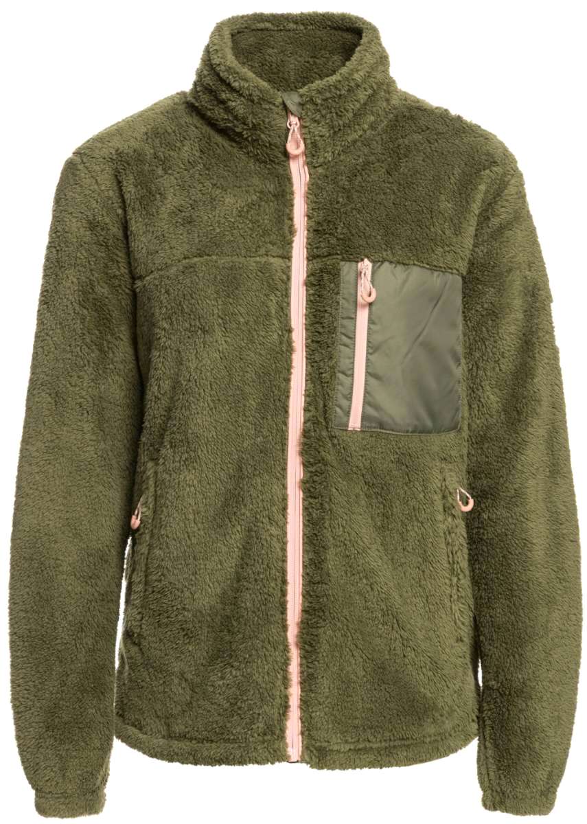Roxy Women's Alabama Full Zip Jacket 2023 - A green fleece jacket with a zippered front and two side pockets, featuring a small logo on the left chest pocket.