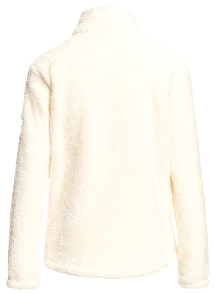 Roxy Women's Alabama Full Zip Jacket 2023 - A cream-colored, fuzzy jacket with a zippered front and two pockets on either side.