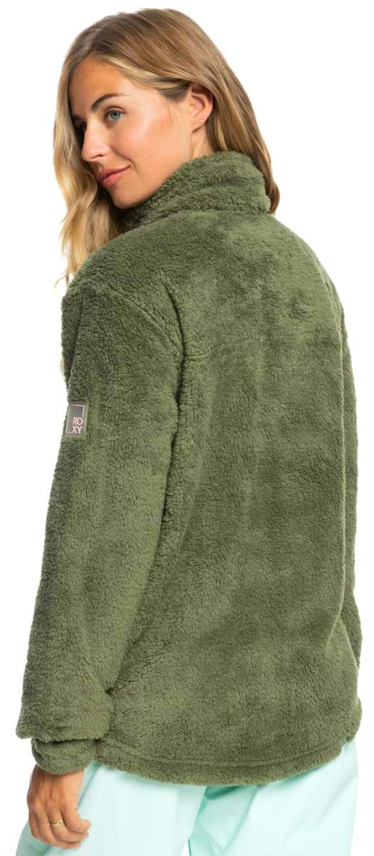 Roxy Women's Alabama Full Zip Jacket 2023 - A dark olive green fleece jacket with a zippered front and two pockets on either side, worn by a model who is turned sideways to show off the back of the jacket.