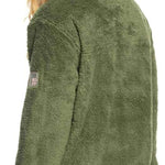 Roxy Women's Alabama Full Zip Jacket 2023 - A dark olive green fleece jacket with a zippered front and two pockets on either side, worn by a model who is turned sideways to show off the back of the jacket.