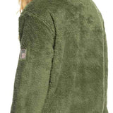 Roxy Women's Alabama Full Zip Jacket 2023 - A dark olive green fleece jacket with a zippered front and two pockets on either side, worn by a model who is turned sideways to show off the back of the jacket.