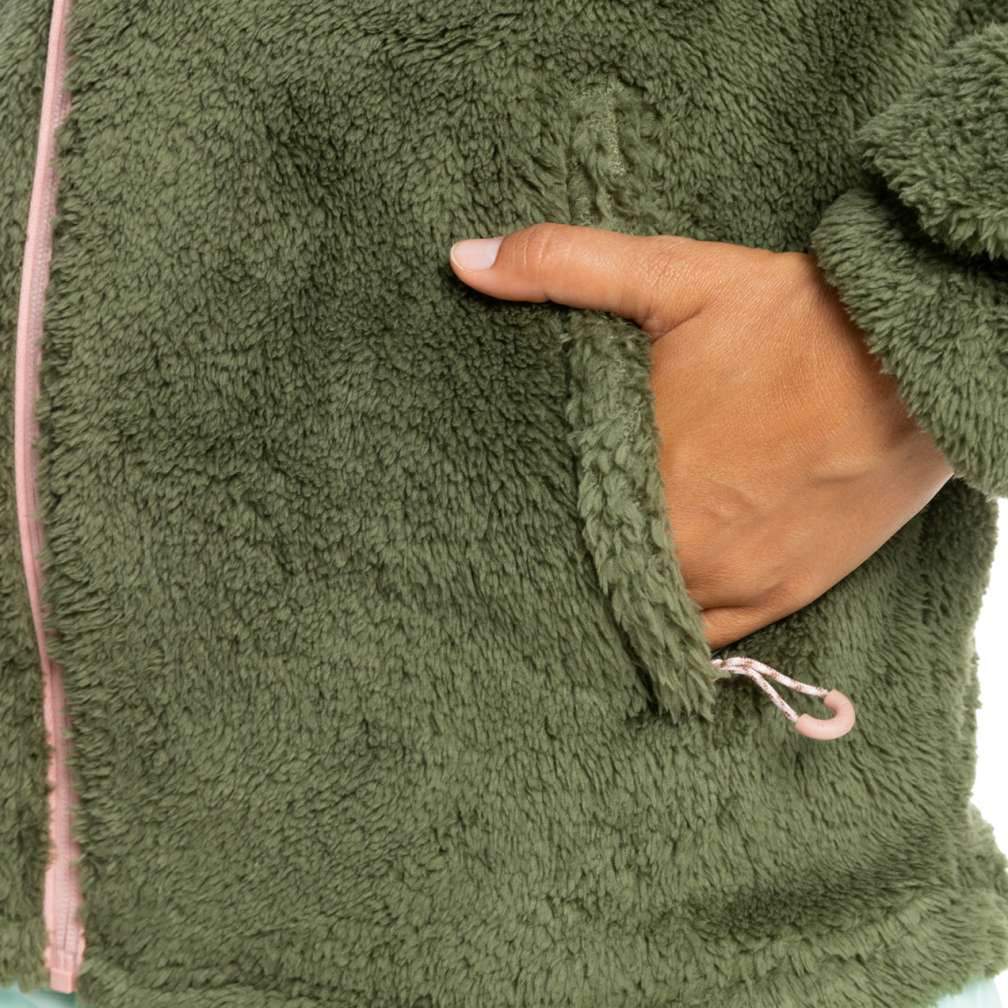 Roxy Women's Alabama Full Zip Jacket 2023 - A green fleece jacket with a zippered front and two pockets on either side, featuring a small pocket on the upper chest area.