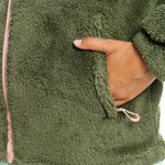 Roxy Women's Alabama Full Zip Jacket 2023 - A green fleece jacket with a zippered front and two pockets on either side, featuring a small pocket on the upper chest area.