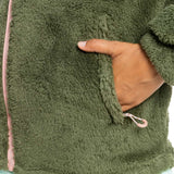 Roxy Women's Alabama Full Zip Jacket 2023 - A green fleece jacket with a zippered front and two pockets on either side, featuring a small pocket on the upper chest area.
