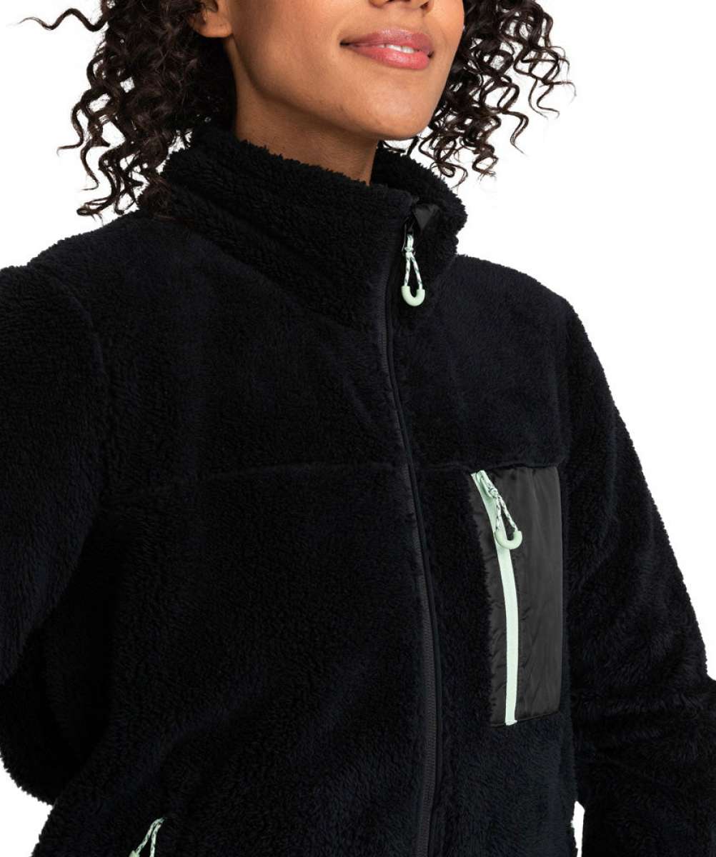 Roxy Women's Alabama Full Zip Fleece 2024 - A black fleece jacket with a zippered front and two pockets on either side, featuring a small white logo on the left chest area.