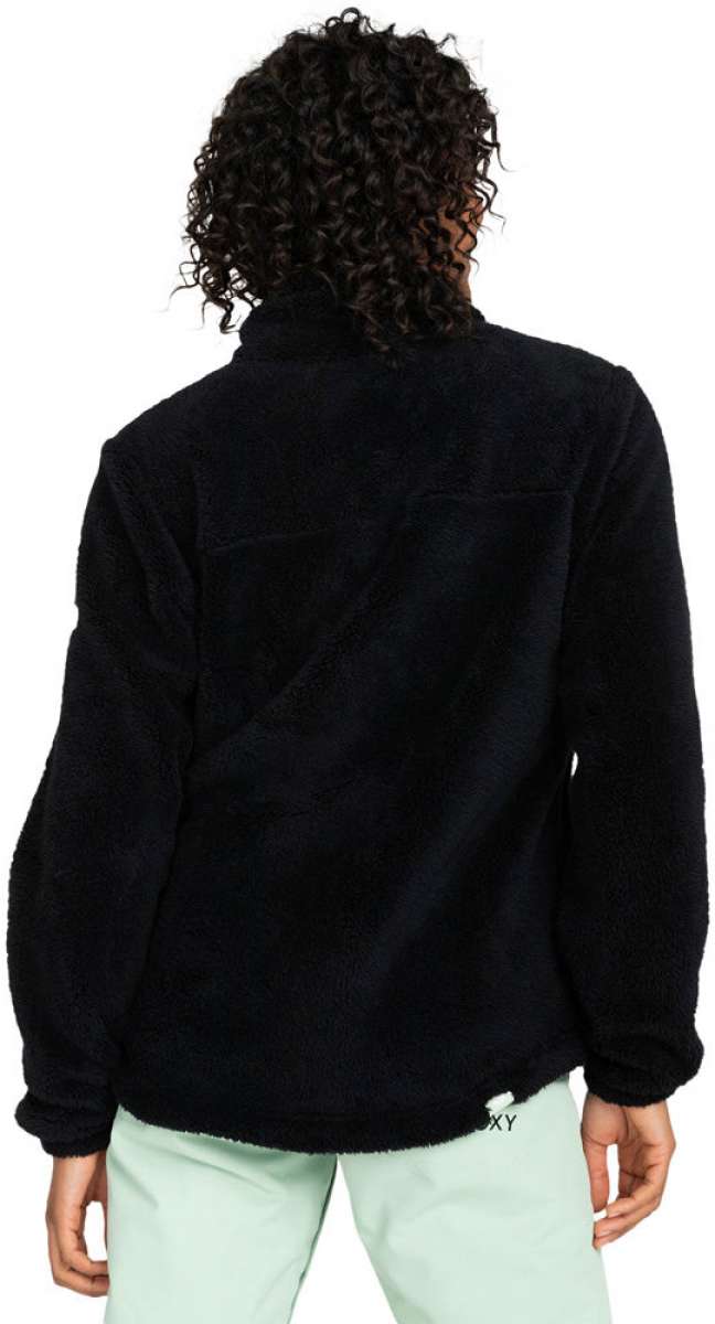 Roxy Women's Alabama Full Zip Fleece 2024 - A black fleece jacket with a zippered front and two chest pockets, featuring a subtle white logo on the left breast.