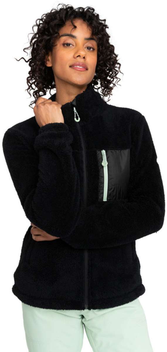 Roxy Women's Alabama Full Zip Fleece 2024 - A black fleece jacket with a zippered front and a small pocket on the chest.