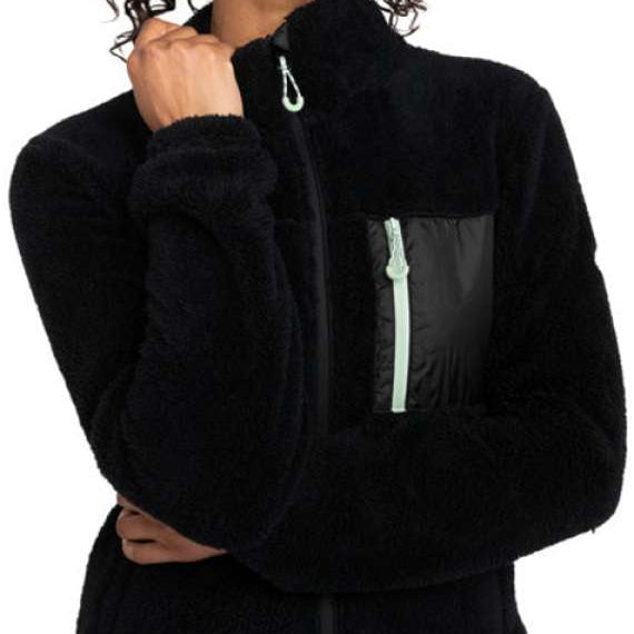 Roxy Women's Alabama Full Zip Fleece 2024 - A black fleece jacket with a zippered front and a small pocket on the chest.