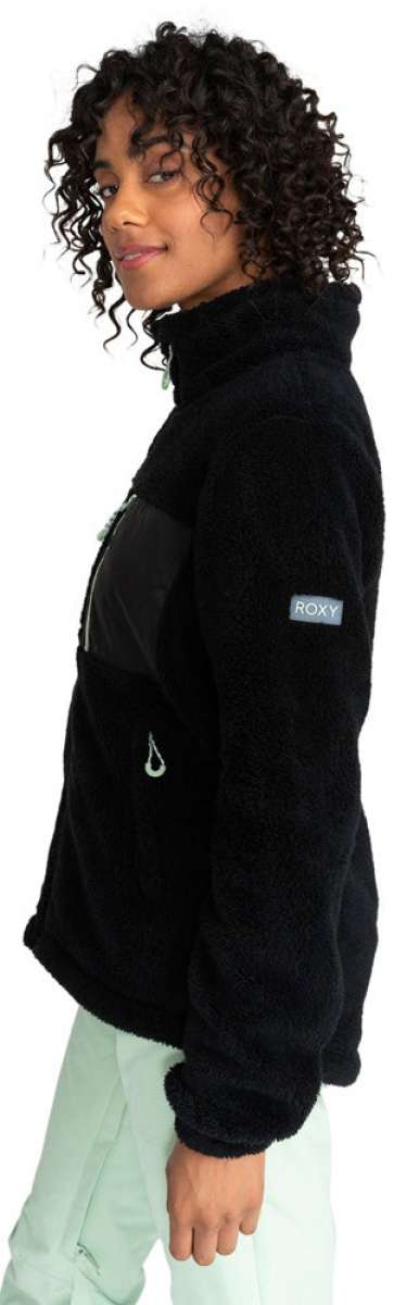 Roxy Women's Alabama Full Zip Fleece 2024 - A black fleece jacket with a zippered front and a small white logo on the left chest.