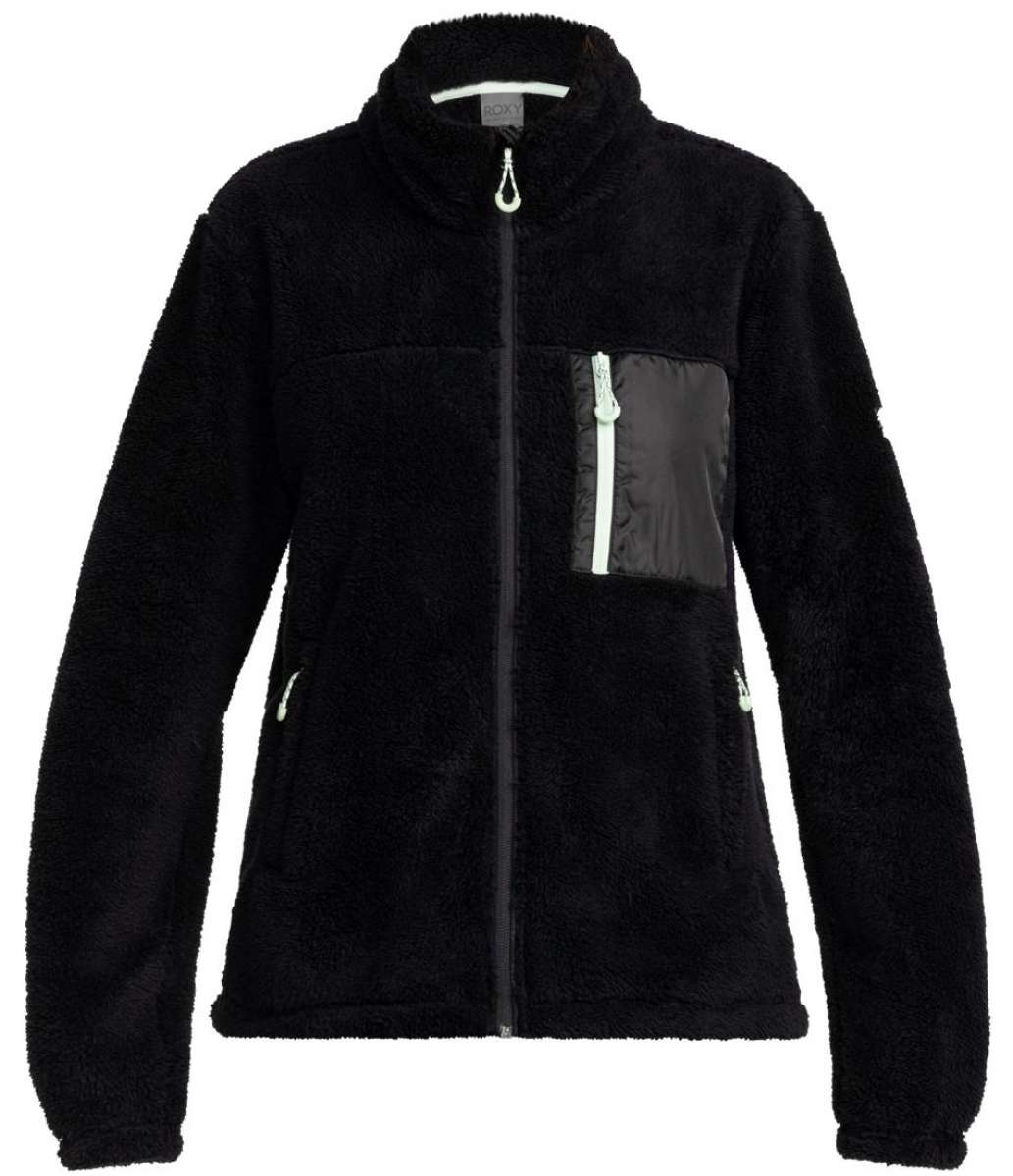 Roxy Women's Alabama Outer Layer 2024 - A black fleece jacket with a zippered chest pocket and white drawstring at the hood.