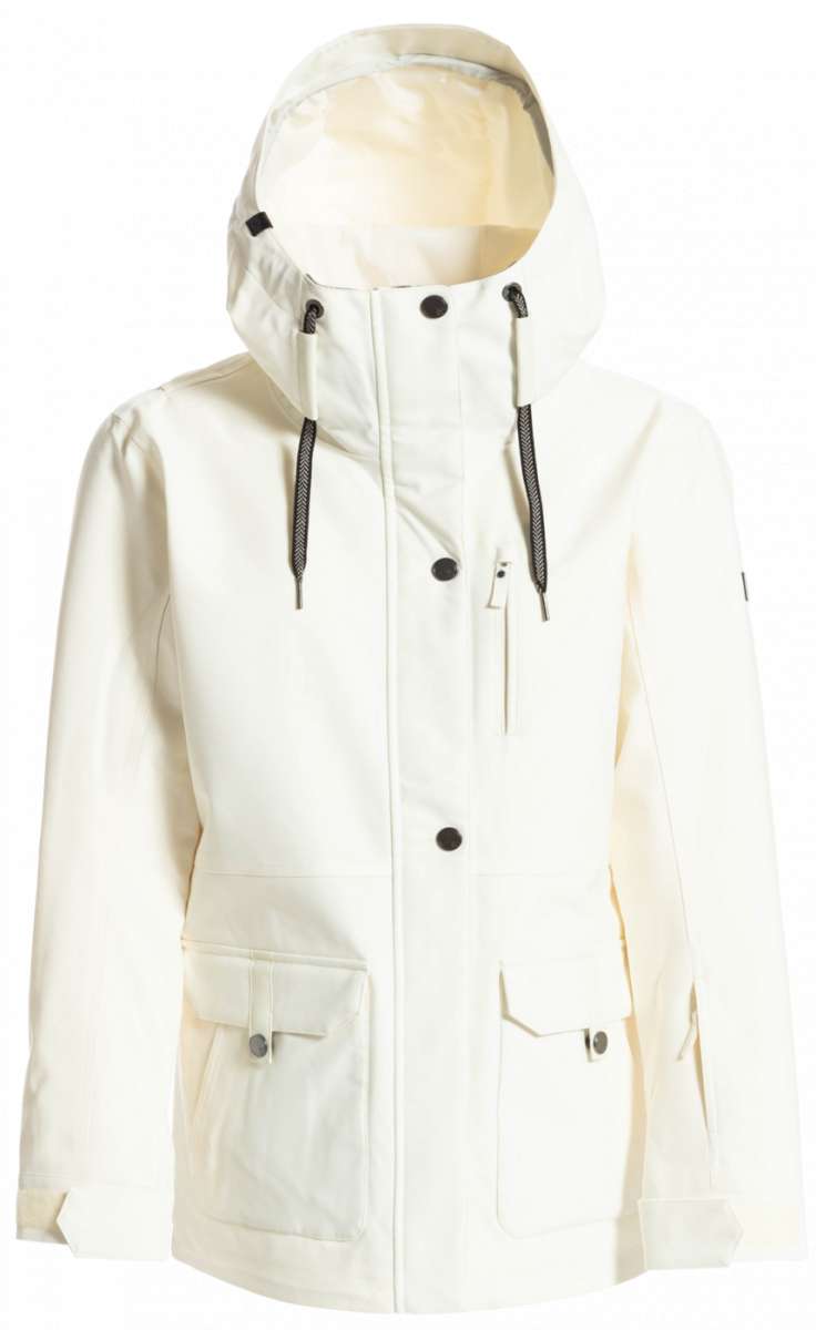 Roxy Women's Andie Insulated Jacket 2023 - A cream-colored jacket with a hood, featuring black drawstrings and buttons.
