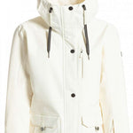 Roxy Women's Andie Insulated Jacket 2023 - A cream-colored jacket with a hood, featuring black drawstrings and buttons.