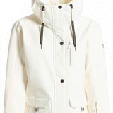 Roxy Women's Andie Insulated Jacket 2023 - A cream-colored jacket with a hood, featuring black drawstrings and buttons.