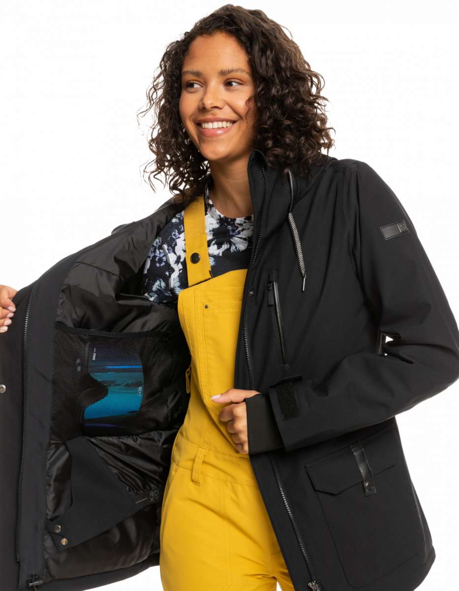 Roxy Women's Andie Insulated Jacket - A black insulated jacket with a white and blue floral pattern on the upper back.