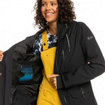 Roxy Women's Andie Insulated Jacket - A black insulated jacket with a white and blue floral pattern on the upper back.