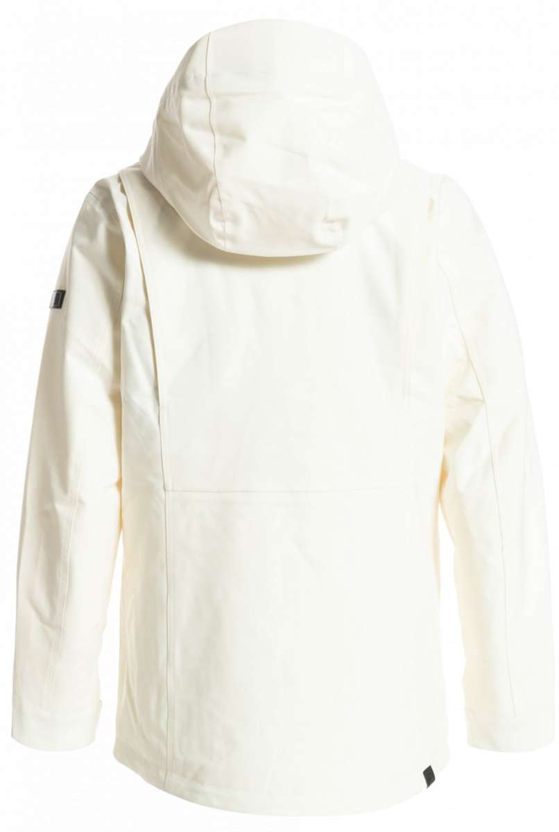Roxy Women's Andie Insulated Jacket 2023 - A cream-colored jacket with a hood, featuring black zippers and a small black logo on the left sleeve.