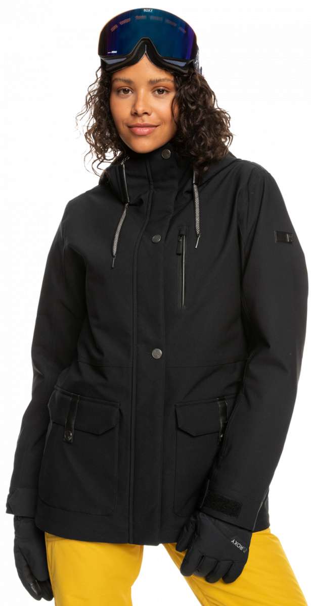 Roxy Women's Andie Insulated Jacket - A black jacket with a high collar and zippered pockets, featuring silver zippers and a drawstring at the waist.