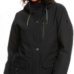 Roxy Women's Andie Insulated Jacket - A black jacket with a high collar and zippered pockets, featuring silver zippers and a drawstring at the waist.