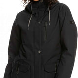 Roxy Women's Andie Insulated Jacket - A black jacket with a high collar and zippered pockets, featuring silver zippers and a drawstring at the waist.
