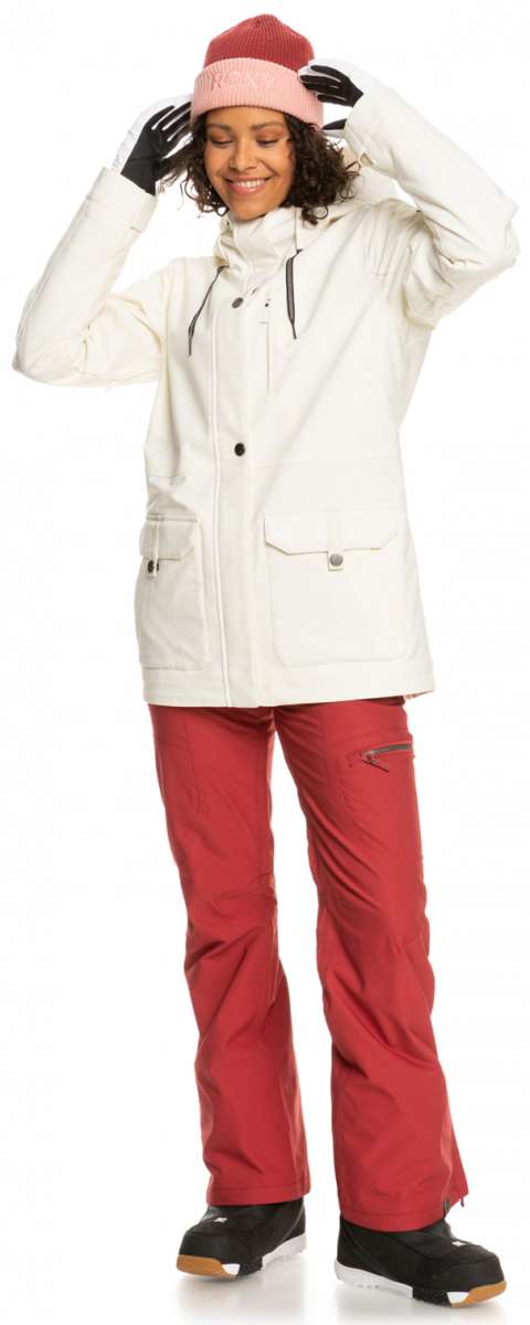 Roxy Women's Andie Insulated Jacket - A cream-colored jacket with a hood, worn by a model who has both hands raised to her head.