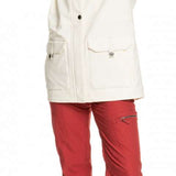 Roxy Women's Andie Insulated Jacket - A cream-colored jacket with a hood, worn by a model who has both hands raised to her head.