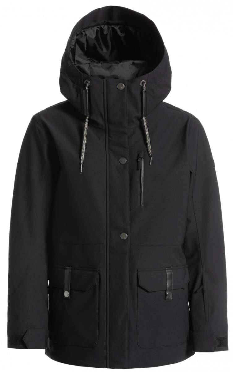 Roxy Women's Andie Insulated Jacket 2023 - A black insulated jacket with a hood, featuring two zippered pockets and a drawstring waist.
