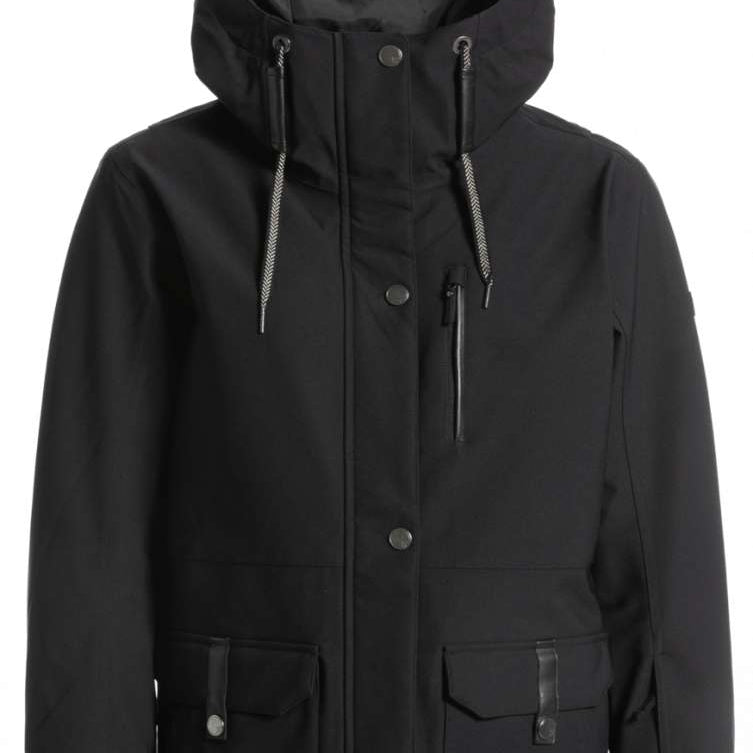 Roxy Women's Andie Insulated Jacket 2023 - A black insulated jacket with a hood, featuring two zippered pockets and a drawstring waist.