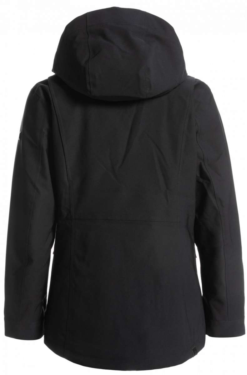 Roxy Women's Andie Insulated Jacket 2023 - A black jacket with a hood, featuring a subtle geometric pattern on the back and sleeves.